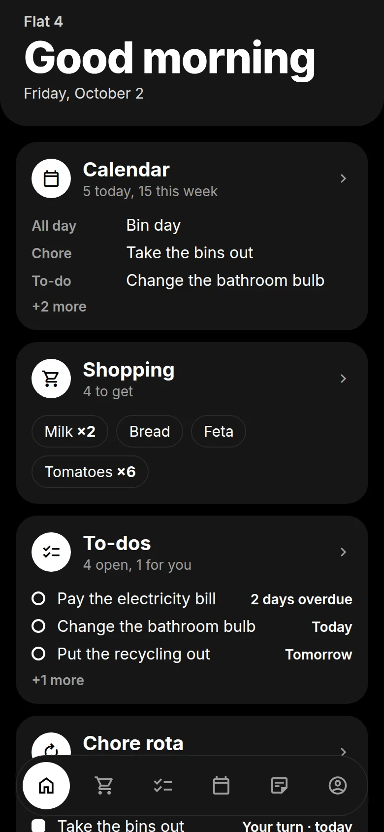 Stuf’s home screen: today’s calendar, the shopping list and the to-dos