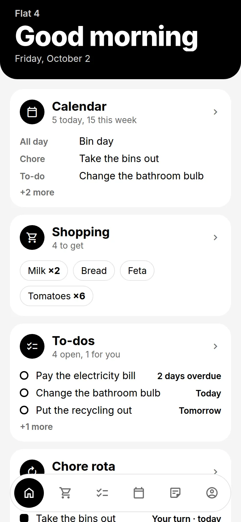 Stuf’s home screen: today’s calendar, the shopping list and the to-dos